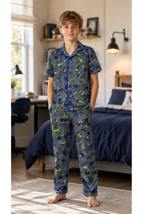 Erkek Çocuk Gri Karakter Desenli Yazlık Pijama Takımı + Göz Bandı