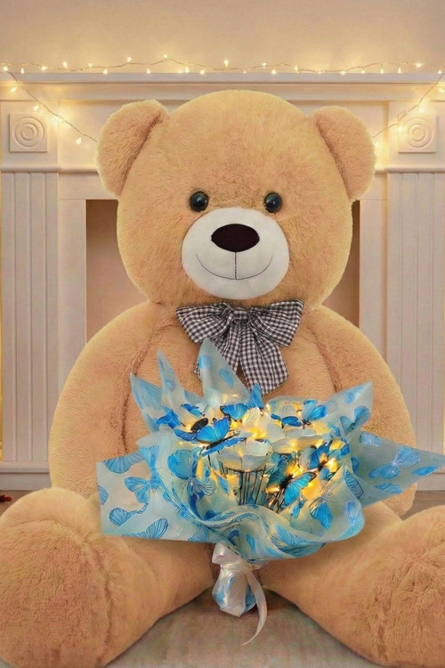 LED Işıklı Mavi-Beyaz Kelebek Buketi – 25 Kelebekli & 90 cm Büyük Peluş Ayı | Kadınlar Gününe ÖZEL