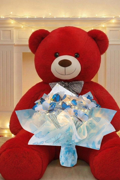LED Işıklı Mavi-Beyaz Kelebek Buketi – 25 Kelebekli & 90 cm Büyük Peluş Ayı | Kadınlar Gününe ÖZEL