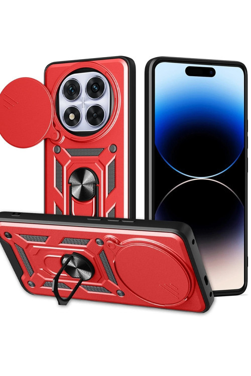 Mey İthalat® Redmi Note 14 Pro Plus Kılıf Pars Lens Yüzüklü Silikon - Kırmızı
