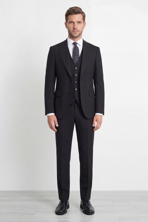 Erkek Siyah Sivri Yaka Modern Fit Yelekli Takım Elbise