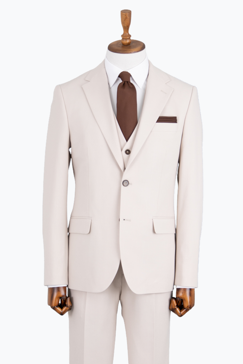 Erkek Bej Mono Yaka Modern Fit Yelekli Takım Elbise