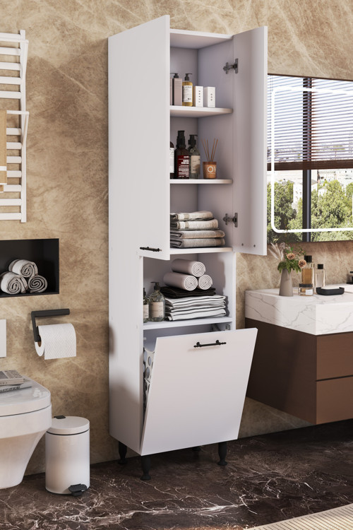 59 - Kirli Sepetli Banyo Boy Dolabı Beyaz – Çok Amaçlı Depolama Dolabı