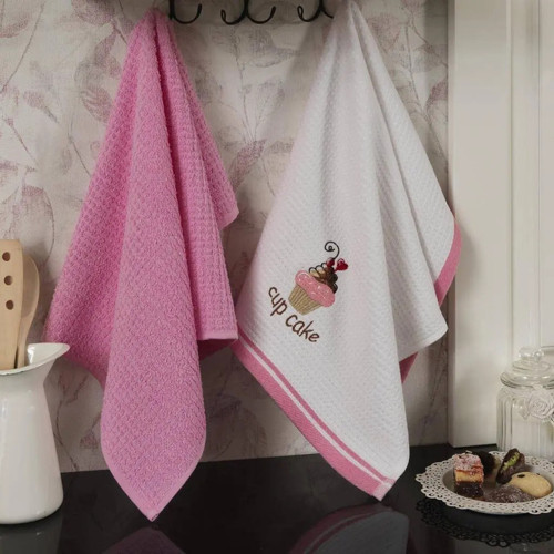 Pamuk Mutfak Havlusu 40x60 cm 2li Beyaz-Pembe