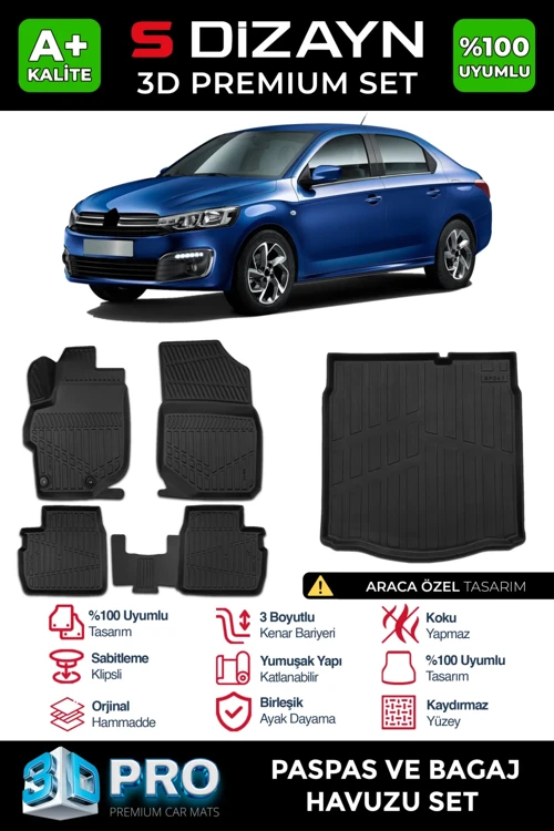 S-Dizayn Citroen C-Elysee 3D Pro Havuzlu Paspas ve Bagaj Havuzu Seti (2'li SET) 2012-2017 A+ Kalite
