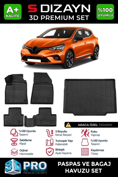 S-Dizayn Renault Clio 5 3D Pro Havuzlu Paspas ve Bagaj Havuzu Seti (2'li SET) 2019-2026 A+ Kalite
