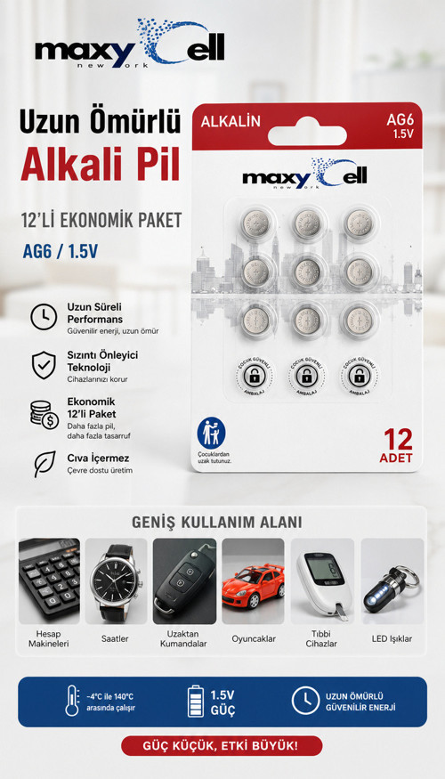 MAXYCELL12 Adet Ag6 (370,371,LR921,LR69,SR920W) 1.5V Alkalin Düğme Pil