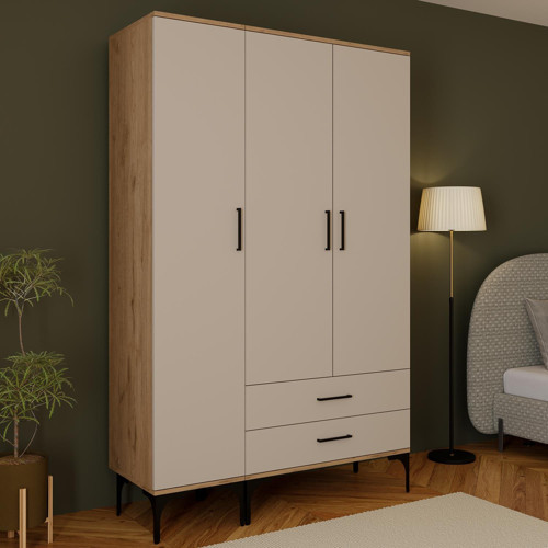 K9020 LOFT Sepet Gövde-Kumtaşı Kapak 3 Kapaklı 2 Çekmeceli Gardırop, Askılı Raflı Kapaklı Gardırop