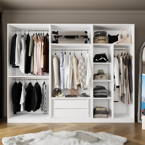 KE3040 GOSS 3’lü Geniş Açık Gardırop, Boy Askılı ve Çekmeceli Modüler Elbise Dolabı