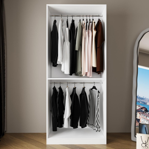 KA7040 GOSS 90 cm Kapaksız İki Bölmeli Gardırop Raflı, Beyaz Modern Tasarım Elbise ve Kıyafet Dolabı