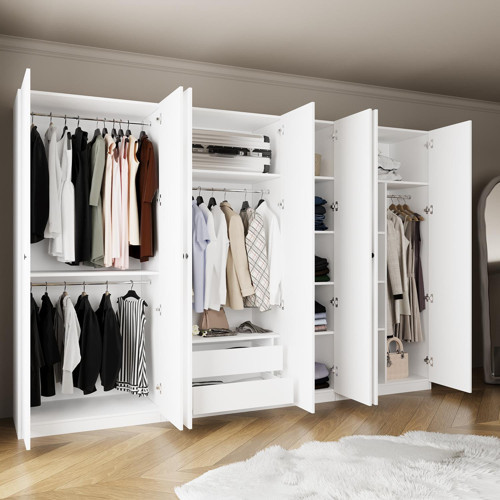 KF2040 GOSS 315 cm Beyaz 7 Kapaklı Gardırop, 4 Askılı, Raflı, 2 Yüklüklü ve 2 Çekmeceli Elbise Dolabı