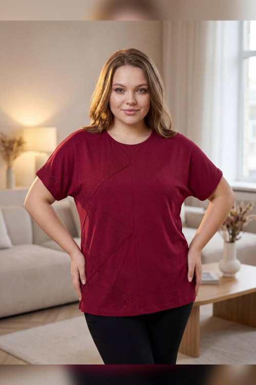 Wearon Kadın Pınar Kare Nervürlü Taşlı Bordo Tişört