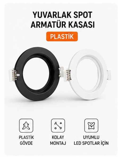 Yuvarlak Spot Armatür Kasası Siyah – GU10 ve MR16 Ampul Uyumlu – Sıva Altı Plastik Boş Spot Kasa - 5,7 cm Delik Ç