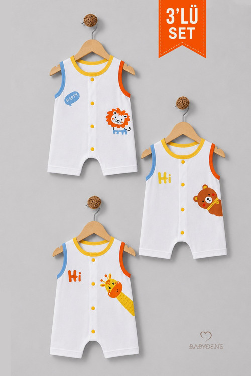 Erkek Bebek Şortlu Tulum 3'lü Set % 100 Pamuklu Kolsuz Çıtçıtlı Yazlık Safari Baskılı Yenidoğan Bebek Tulumu