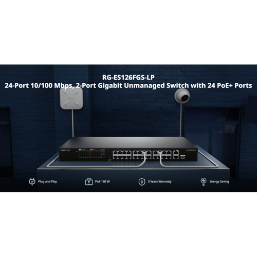 RUIJIE REYEE RG-ES126FGS-LP 26 Port, 24 Port Megabit PoE, 180W, 2 Port Gigabit Uplink, 1 Port Gigabi
