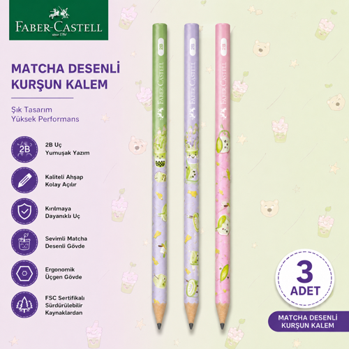 Faber-Castell Matcha Desenli Kurşun Kalem 3 Adet 2B Yuvarlak Gövde