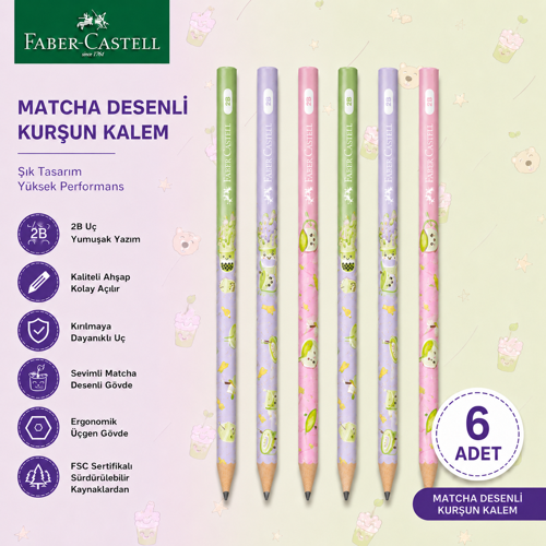 Faber-Castell Matcha Desenli Kurşun Kalem 6 Adet 2B Yuvarlak Gövde