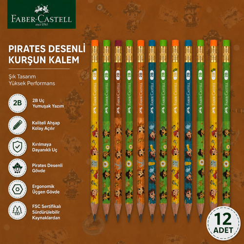 Faber-Castell Pirates Desenli Kurşun Kalem 12 Adet 2B Yuvarlak Gövde
