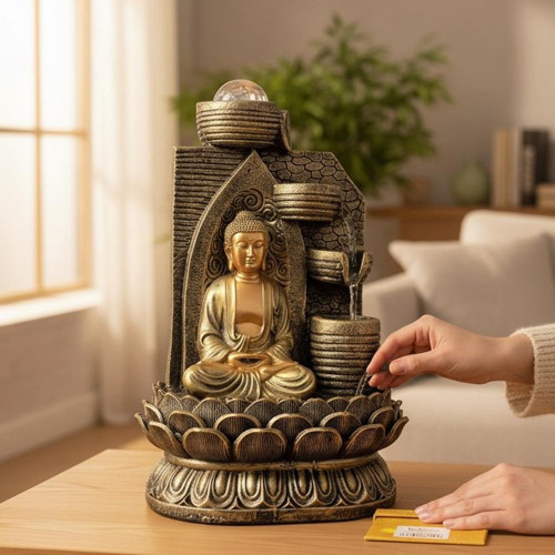 Dekoratif Büyük Şelaleli LED Işıklı Buddha Masaüstü Dekoratif Su Çeşmesi – Akan Su Efektli Feng Shui