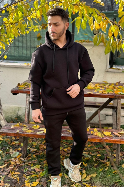 Erkek Kapşonlu Yüksek Bel 3 İplik Şardonlu Eşofman Takımı
