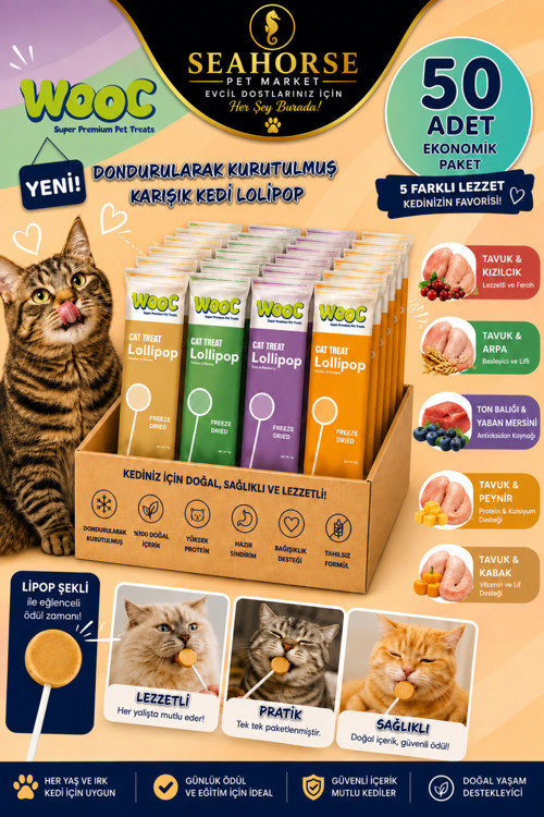 Kedi Ödül Çubuğu 50 Adet | 5 Farklı Aromalı Lollipop Kedi Ödülü