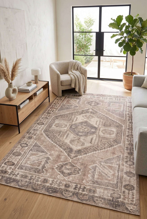 Relic Bej Vintage Dokulu Etnik Desenli Dokuma Tabanlı Şönil Halı AL 530
