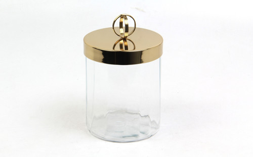 Halka Kulplu Optik Cam Küçük Boy Gold Kavanoz 13,5x13,5x19 cm – Dekoratif Saklama Kavanozu