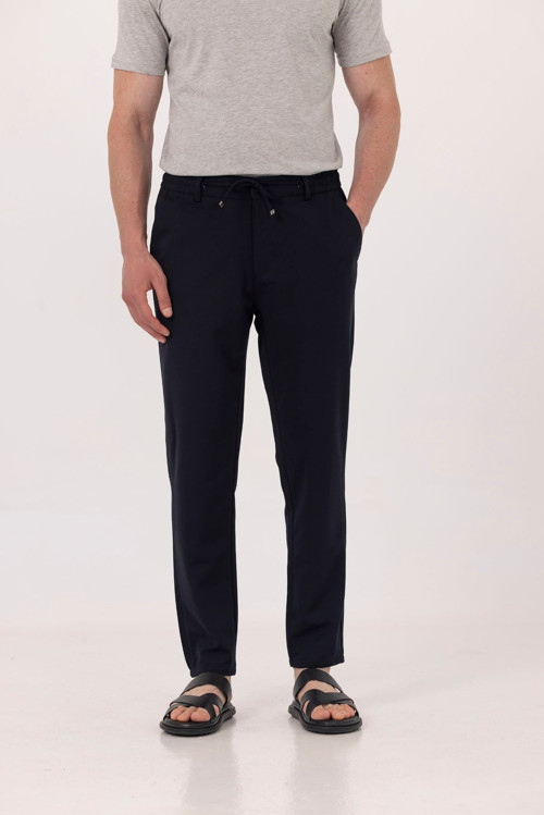 Lacivert Dokulu Arka Lastikli Köprü Kemerli Bağcıklı Slim Fit Jogger Pantolon