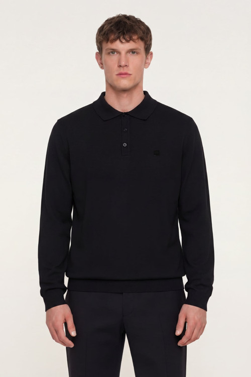 Siyah Regular Fit Pamuklu Polo Yaka Triko Kazak