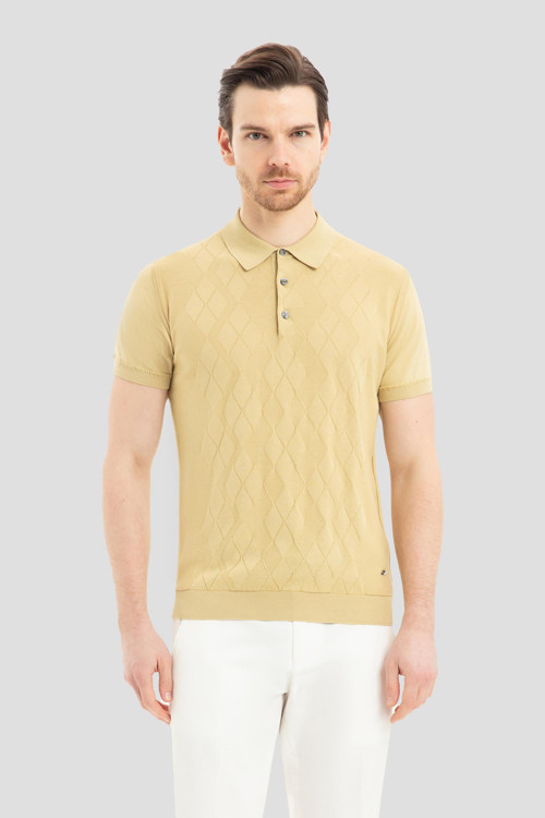 Erkek Su Yeşili Dar Kesim Slim Fit %100 Pamuk Desenli Triko Polo Yaka Tişört