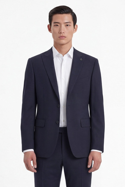 Lacivert Yün Karışımlı Çizgili Sivri Yaka Klasik Paça Tam Astarlı 6 Drop Slim Fit Takım Elbise