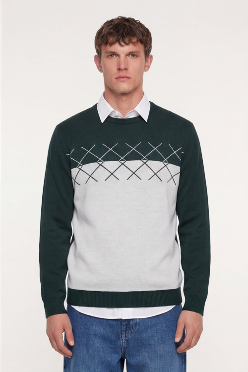 Yeşil-Taş Regular Fit Yünlü Desenli Triko Kazak