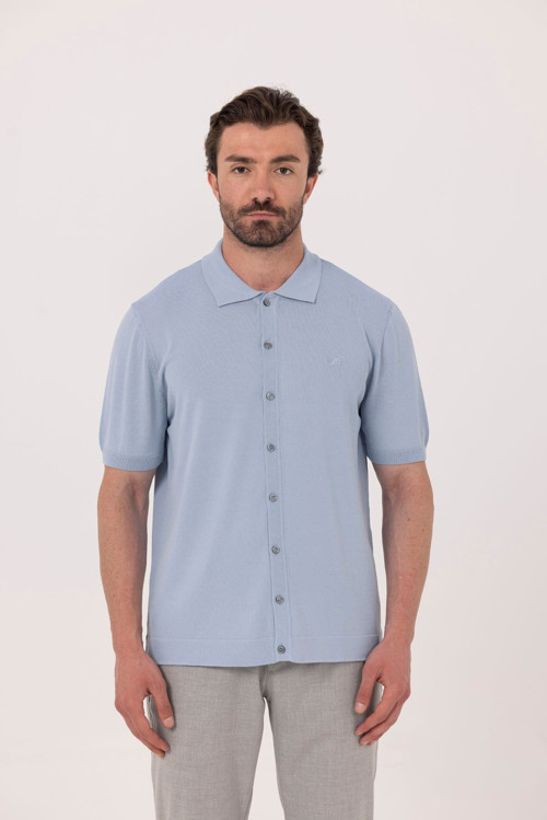 Açık Mavi Reglan Polo Yaka Triko Gömlek