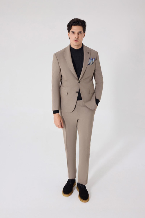 Açık Kahve Slim Fit Yünlü Ceket Yaka Fleto Kapaklı Cep Çift Yırtmaçlı 6 Drop Takım Elbise