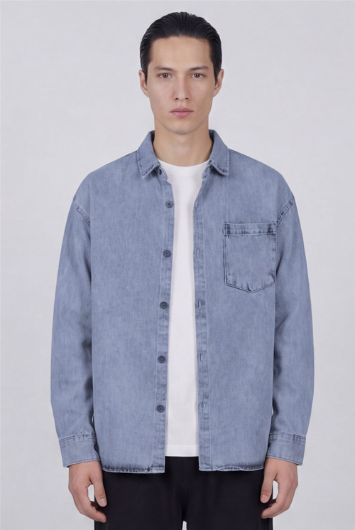 Buz Mavisi Regular Fit Pamuk Cepli Uzun Kollu Denim Ceket Gömlek