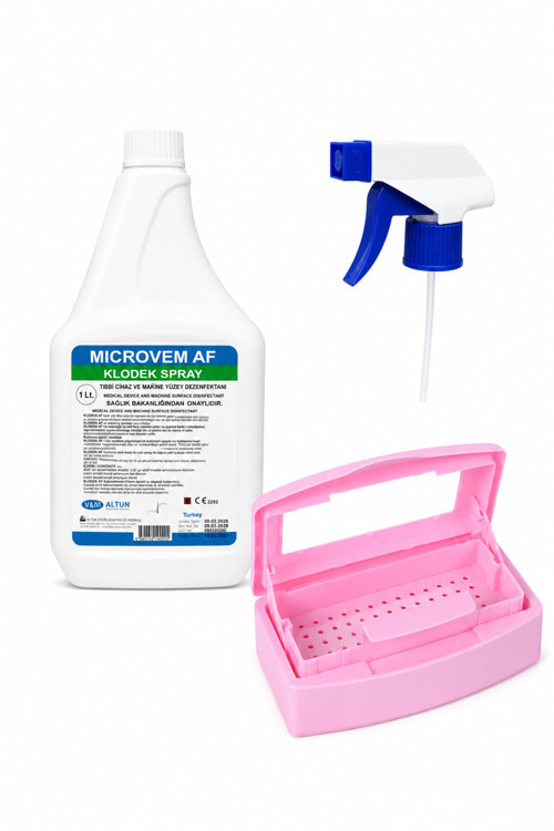 SPRAY DEZENFEKTAN SIVI 1 LT VE ÇİFT BÖLMELİ PEMBE STERİLİZASYON KUTU SETİ