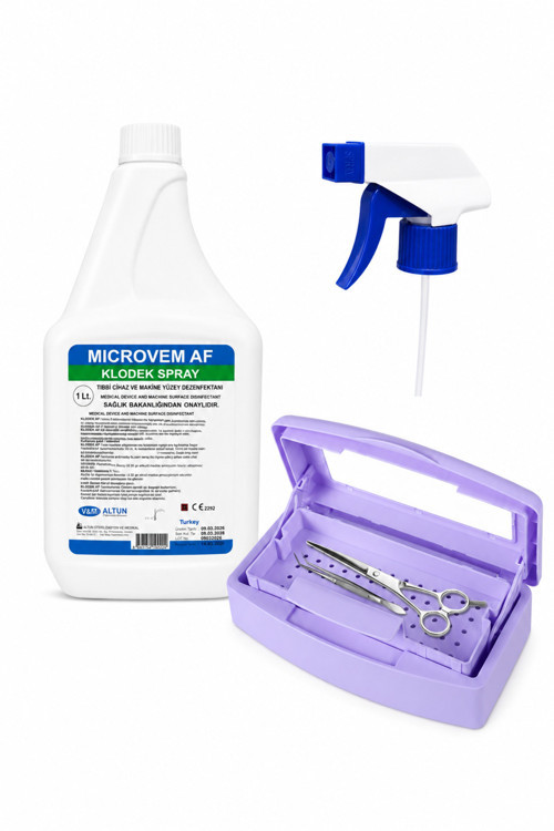 SPRAY DEZENFEKTAN SIVI 1 LT VE ÇİFT BÖLMELİ MOR STERİLİZASYON KUTU SETİ