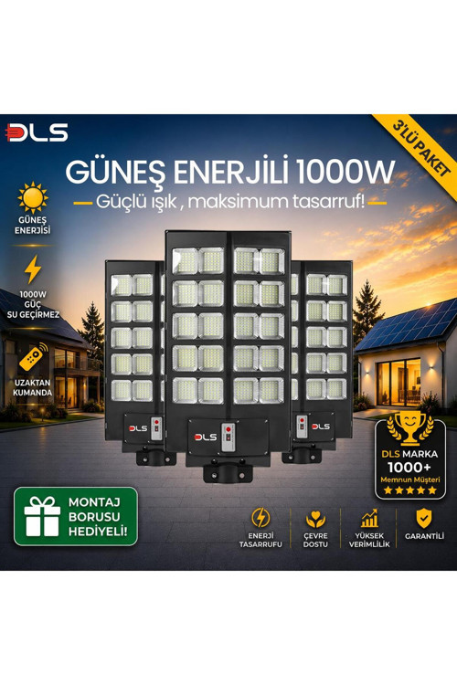 3'lü Paket 1000W Güneş Enerjili Solar Sokak Lambası Hareket Sensörlü LED Bahçe Aydınlatması