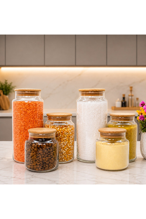 Ahşap Vakum Kapaklı Cam Saklama Kavanozu Seti 1400 ml 800 ml 500 ml