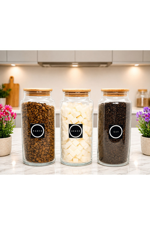 3'lü Ahşap Vakum Kapaklı Çay Şeker Kahve Cam Saklama Kavanozu 1400 ml Etiket Hediyeli