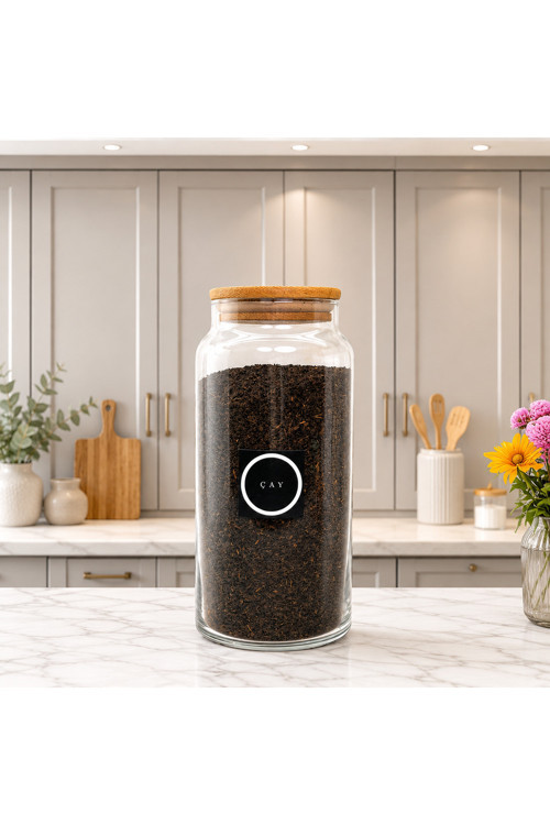 Ahşap Vakum Kapaklı Cam Saklama Kavanozu 1400 ml Çay Etiketi Hediyeli