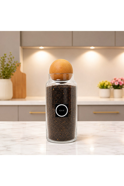 Ahşap Top Kapaklı Cam Saklama Kavanozu 1400 Ml Çay Etiketi Hediyeli