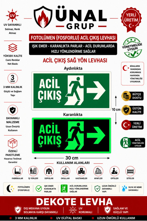 Fosforlu Acil Çıkış Levhası 12x25 cm Fosforlu Fotolümen İkaz Tabelası Apartman Site