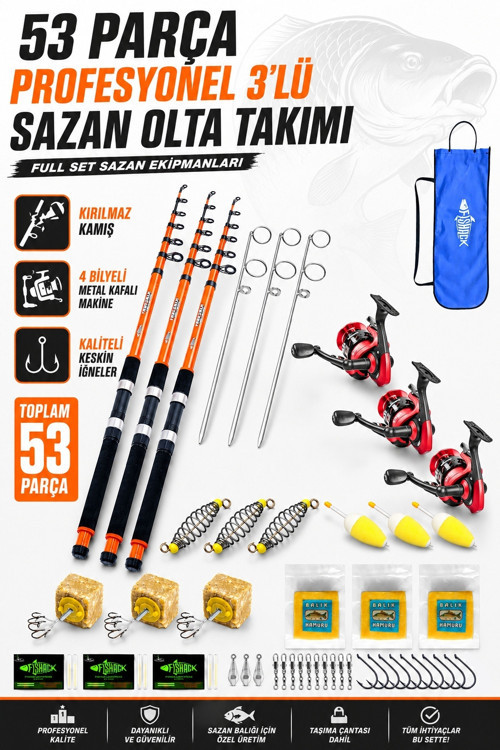Profesyonel 3’lü Sazan Olta Takımı - 3.60MT- Kırılmaz Kamış Metal Kafa Makine