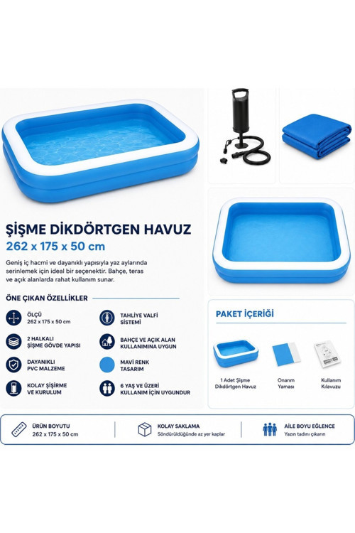 Şişme Dikdörtgen Havuz 262 x 175 x 50 cm Mavi Bahçe Havuzu + El Pompası Dahil+ Havuz Örtüsü