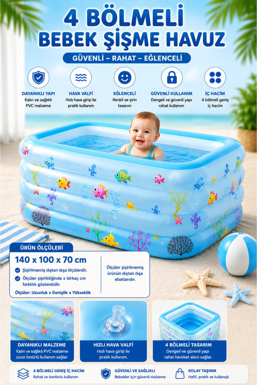 140x100x70 4 Bölmeli Bebek Şişme Havuzu Mavi