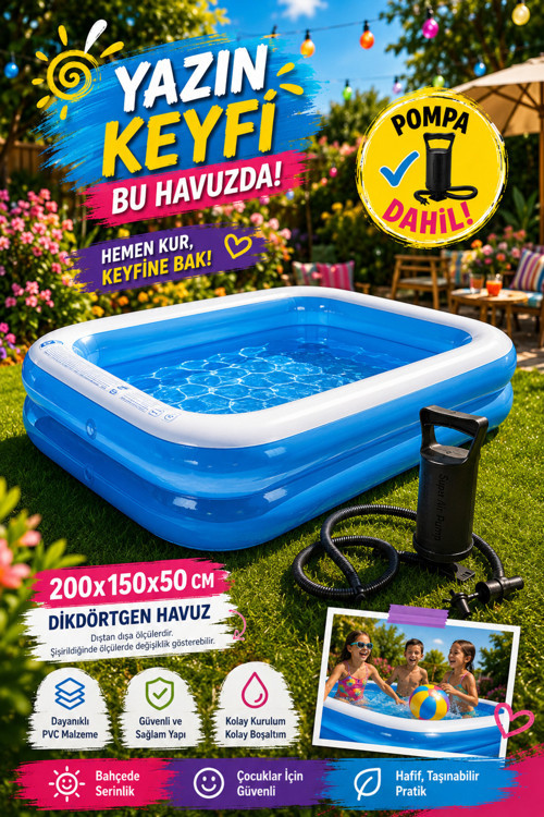 200x150x50 Cm Dikdörtgen Şişme Havuz - 30 CM El Pompası Dahil
