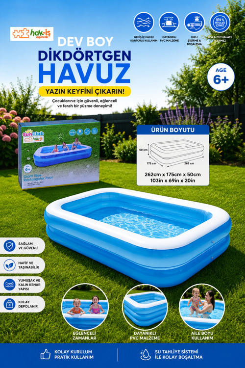 Şişme Dikdörtgen Havuz 262 x 175 x 50 cm Mavi Bahçe Havuzu