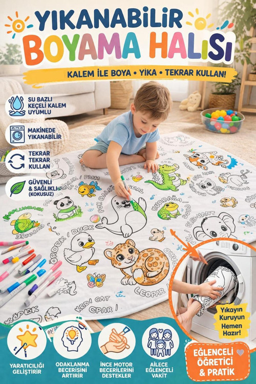 Su Geçirmez Yıkanabilir Boyama Halısı 100x140cm Tekrar Kullanılabilir Eğitici Çocuk Boyama Matı Oyun