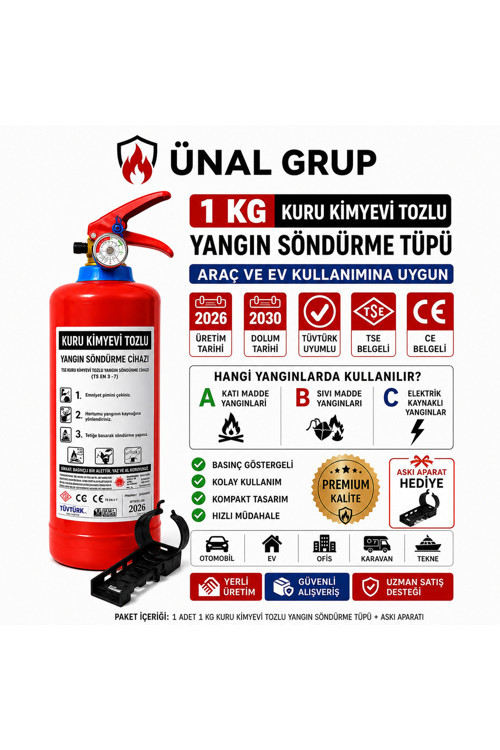 1 kg Yangın Söndürme Tüpü KKT Araç Yangın Tüpü TÜVTÜRK Onaylı (üretim 2026 Tekrar Dolum